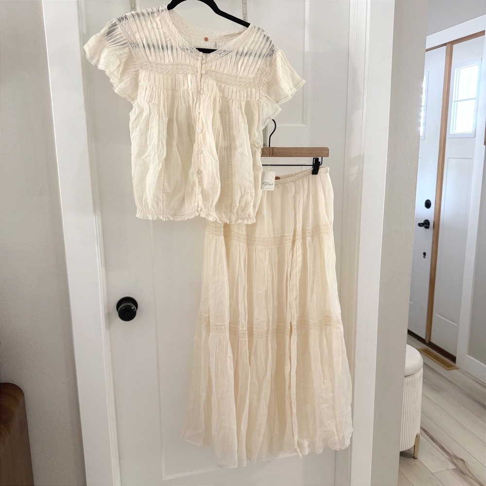 Free People FP One Mirella Set Ivory Lace Cotton 2 pc Maxi Skirt Top L New Boho